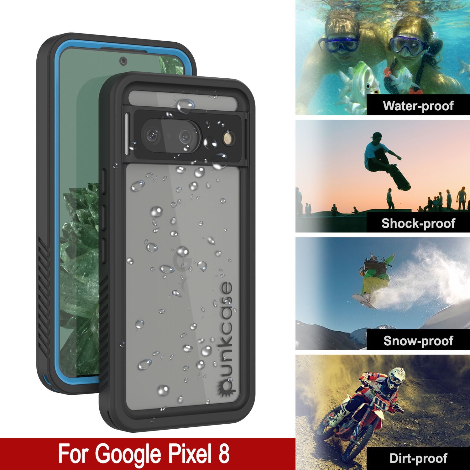 Google Pixel 8  Waterproof Case, Punkcase [Extreme Series] Armor Cover W/ Built In Screen Protector [Light Blue]