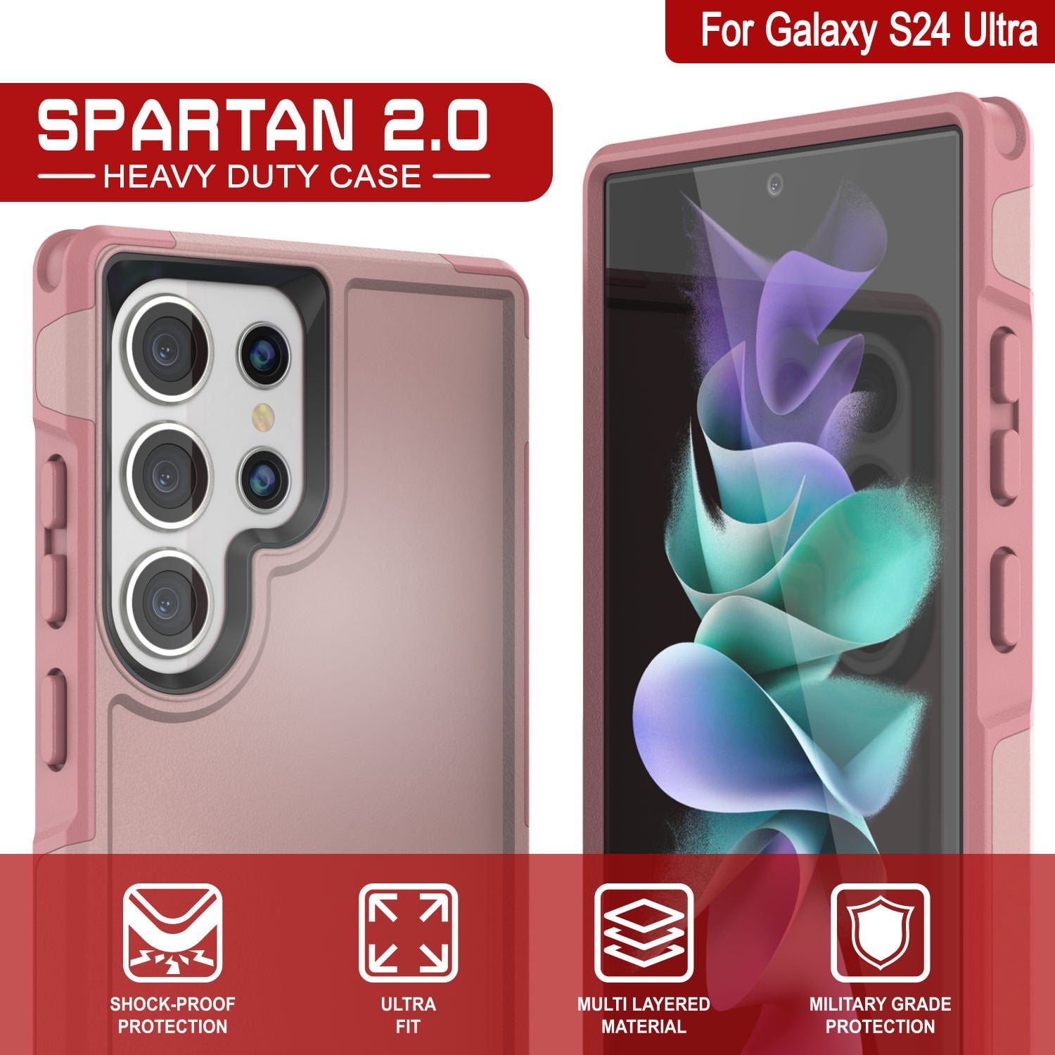 PunkCase Galaxy S24 Ultra Case, [Spartan 2.0 Series] Clear Rugged Heavy Duty Cover [Pink]