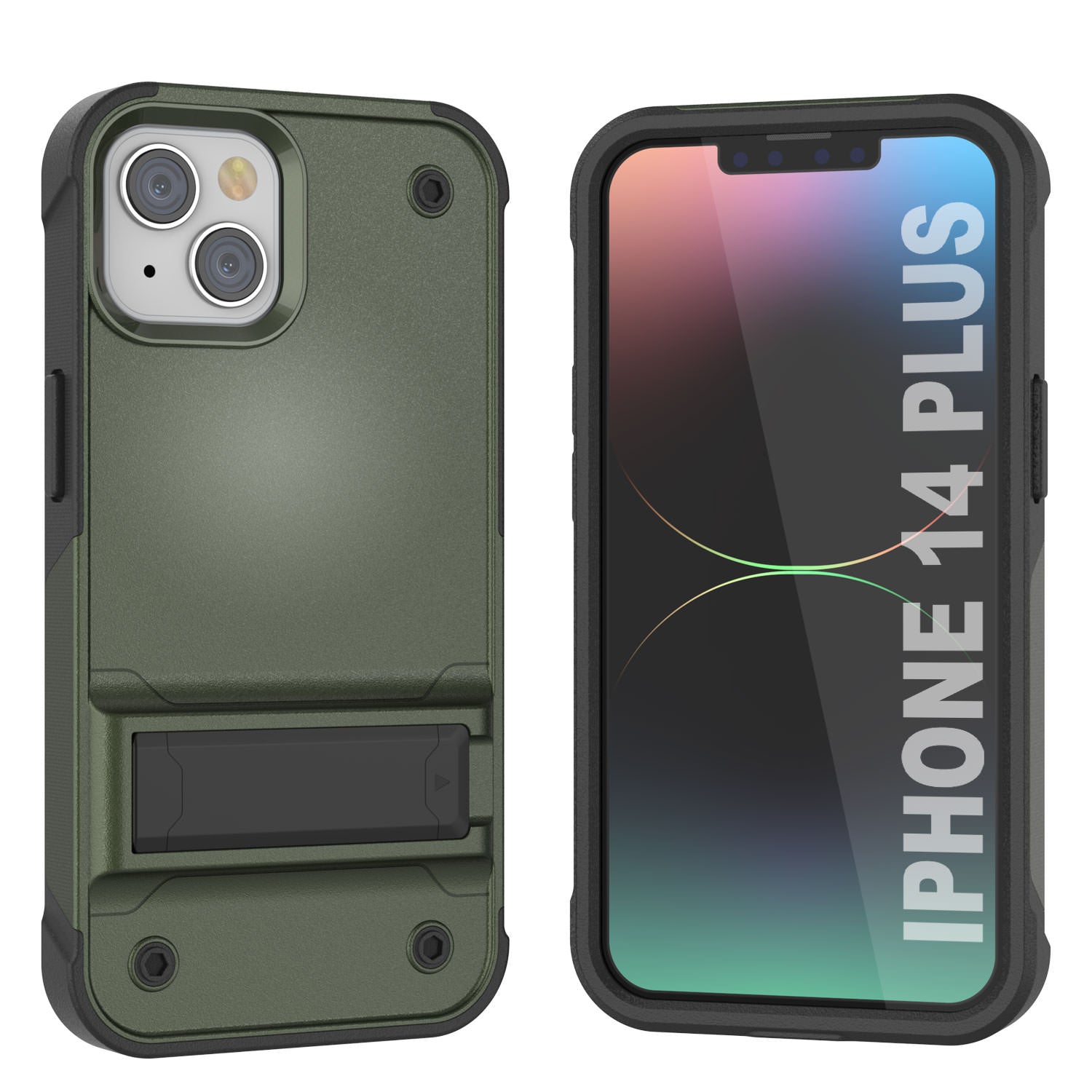 Punkcase iPhone 14 Plus Case [Reliance Series] Protective Hybrid Military Grade Cover W/Built-in Kickstand [Army-Green-Black]
