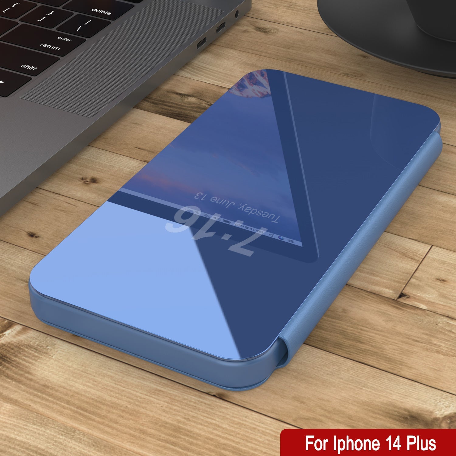 Punkcase iPhone 14 Plus Reflector Case Protective Flip Cover [Blue]