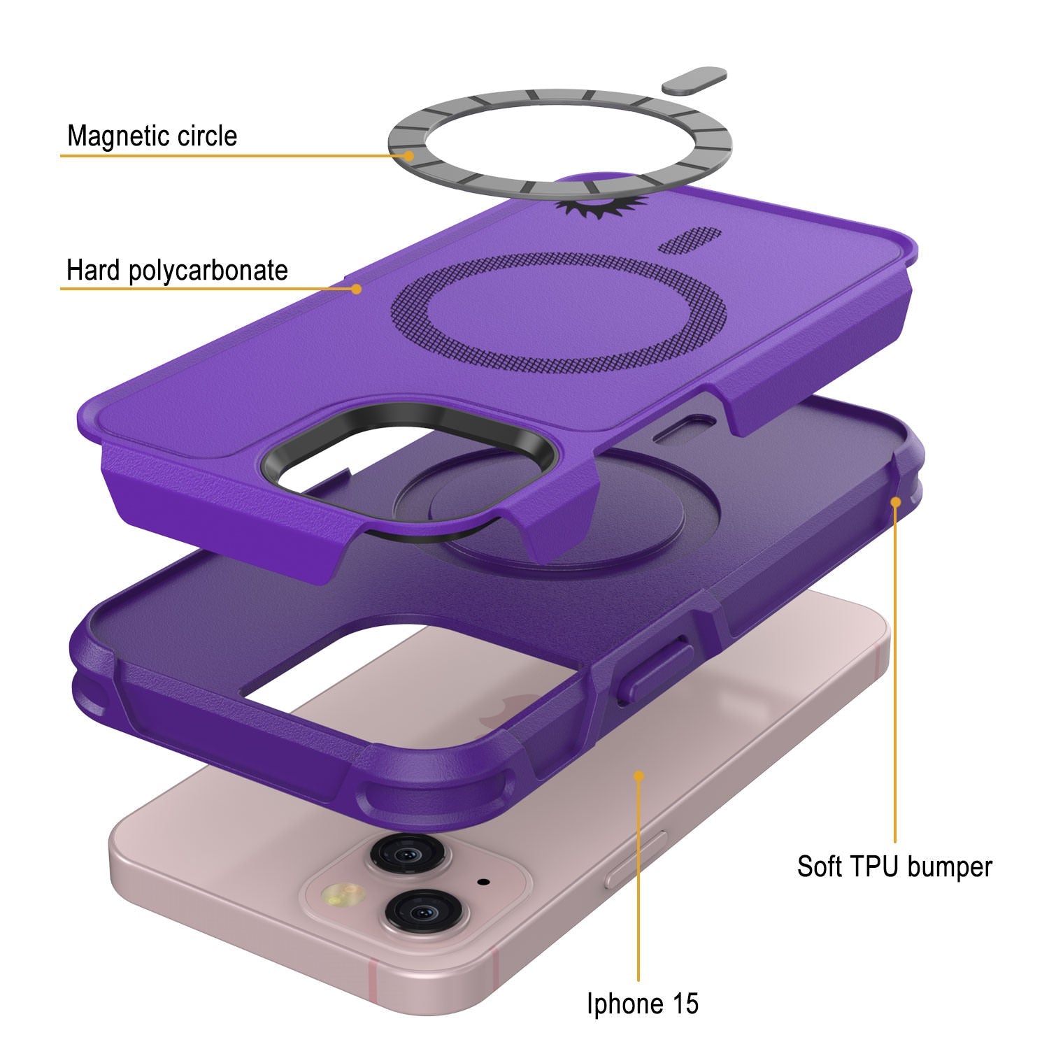 PunkCase iPhone 15 Case, [Spartan 2.0 Series] Clear Rugged Heavy Duty Cover W/Built in Screen Protector [purple]