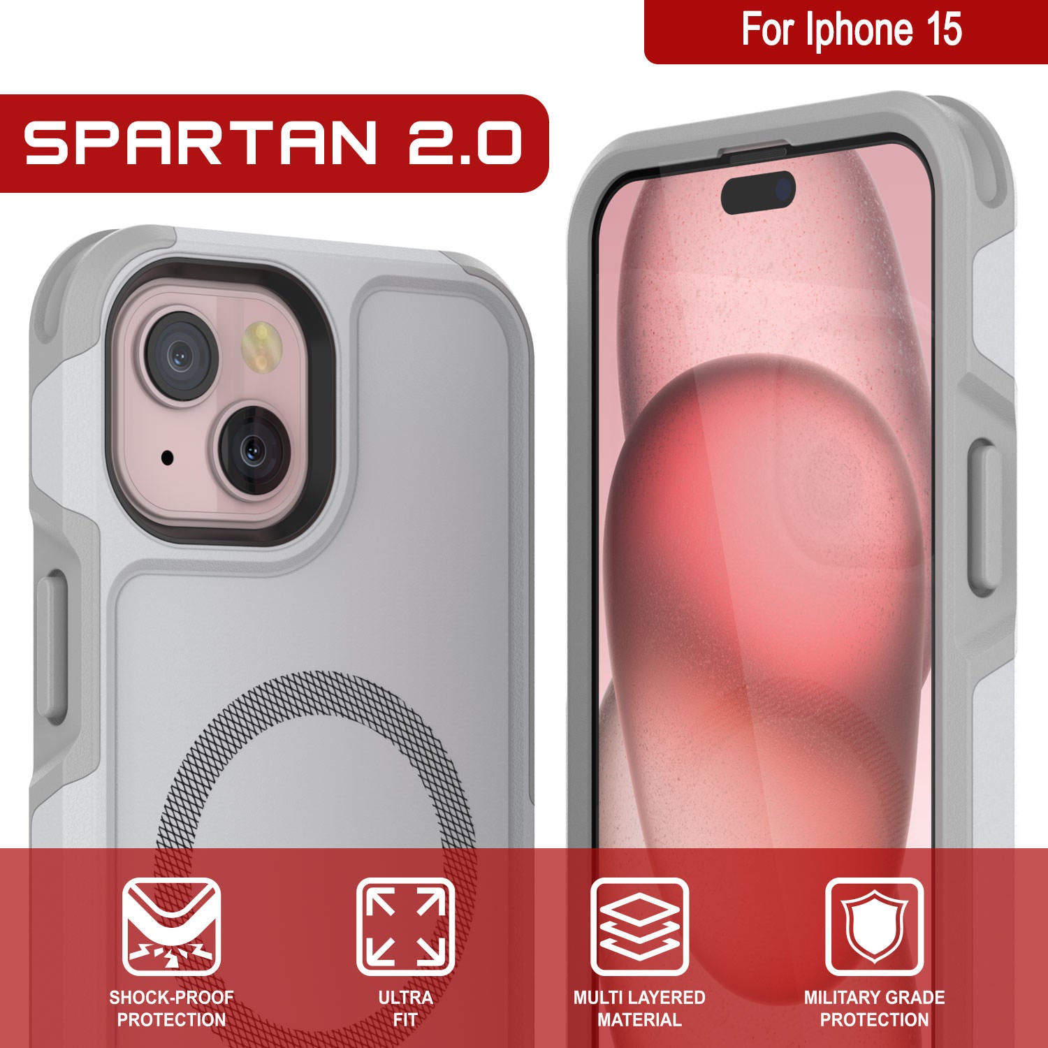 PunkCase iPhone 15 Case, [Spartan 2.0 Series] Clear Rugged Heavy Duty Cover W/Built in Screen Protector [white]