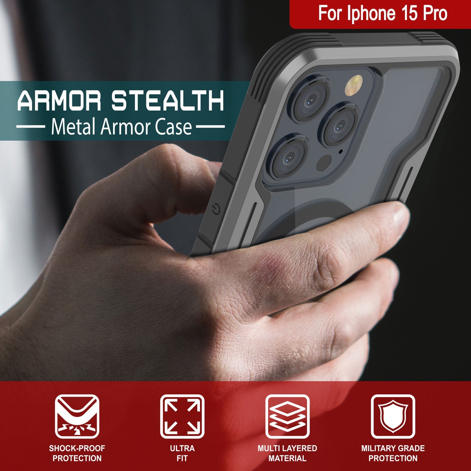 Punkcase iPhone 15 Pro Armor Stealth MAG Defense Case Protective Military Grade Multilayer Cover [Grey-Black]
