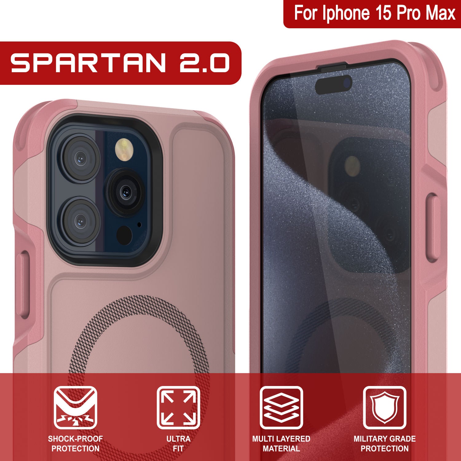 PunkCase iPhone 15 Pro Max Case, [Spartan 2.0 Series] Clear Rugged Heavy Duty Cover W/Built in Screen Protector [pink]