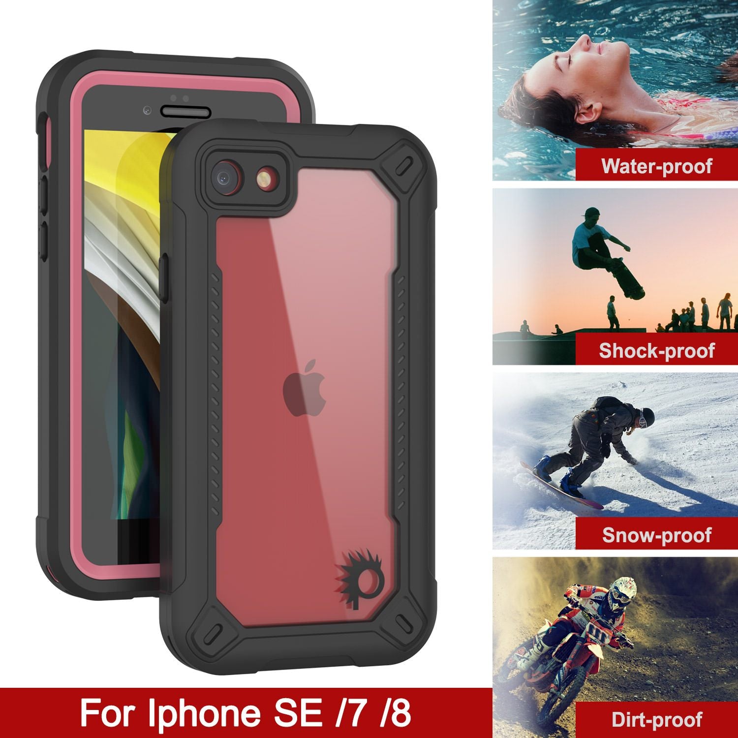 iPhone SE (4.7") Waterproof IP68 Case, Punkcase [pink]  [Maximus Series] [Slim Fit] [IP68 Certified] [Shockresistant] Clear Armor Cover with Screen Protector | Ultimate Protection