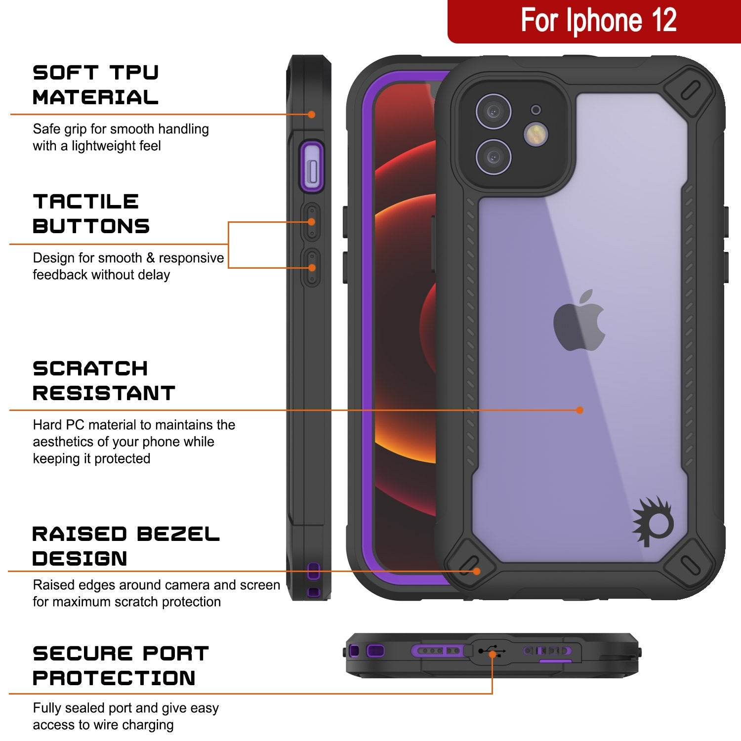 iPhone 12 Waterproof IP68 Case, Punkcase [Purple]  [Maximus Series] [Slim Fit] [IP68 Certified] [Shockresistant] Clear Armor Cover with Screen Protector | Ultimate Protection