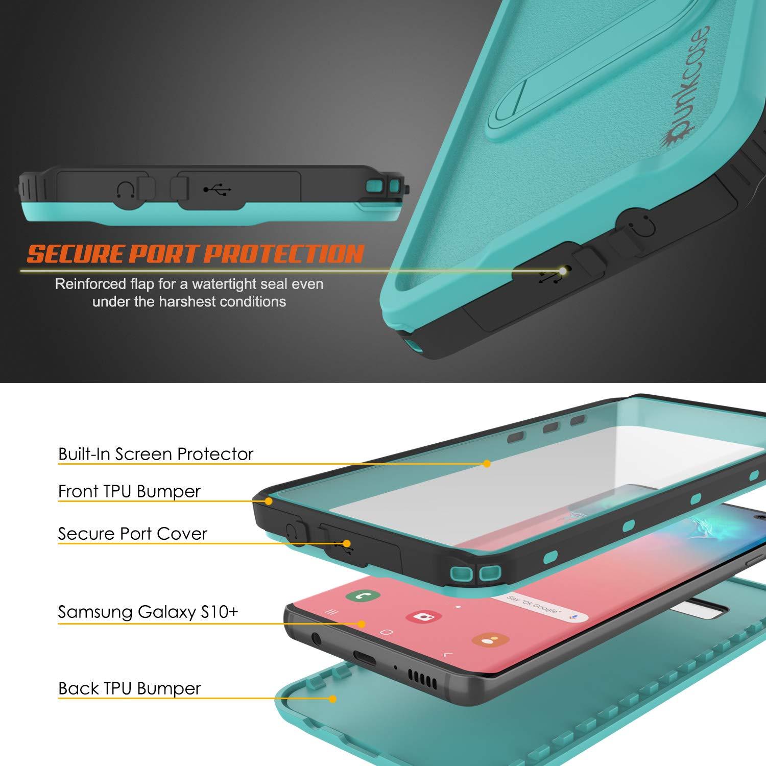 Galaxy S10+ Plus Waterproof Case, Punkcase [KickStud Series] Armor Cover [Teal]