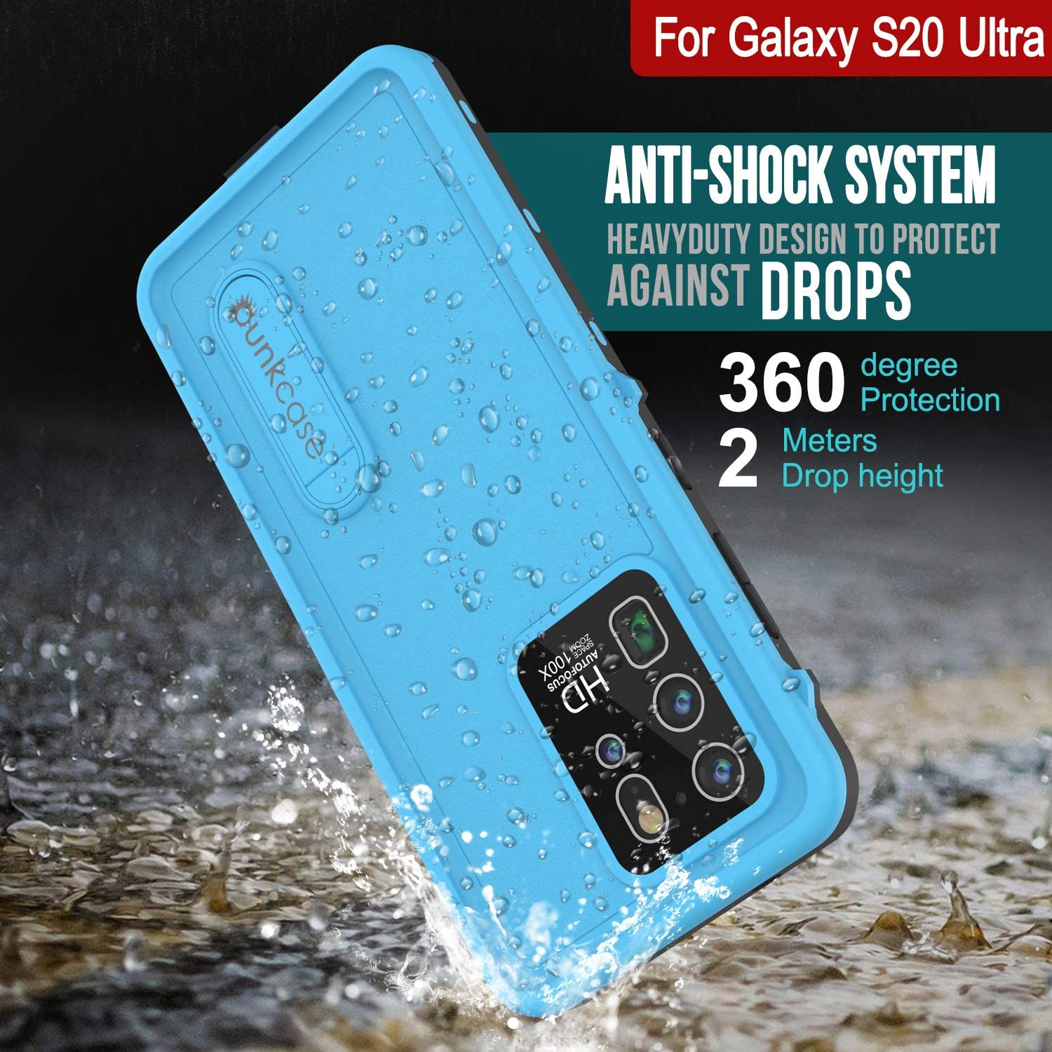 Galaxy S20 Ultra Waterproof Case, Punkcase [KickStud Series] Armor Cover [Light Blue]