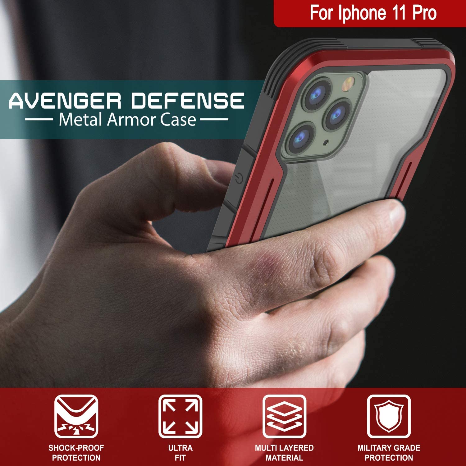 Punkcase iPhone 11 Pro ravenger Case Protective Military Grade Multilayer Cover [Red]
