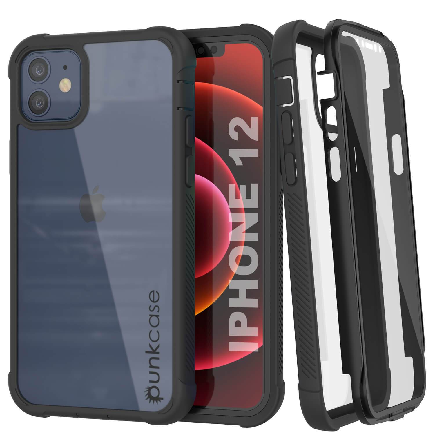 PunkCase iPhone 12 Case, [Spartan Series] Clear Rugged Heavy Duty Cover W/Built in Screen Protector [Black]