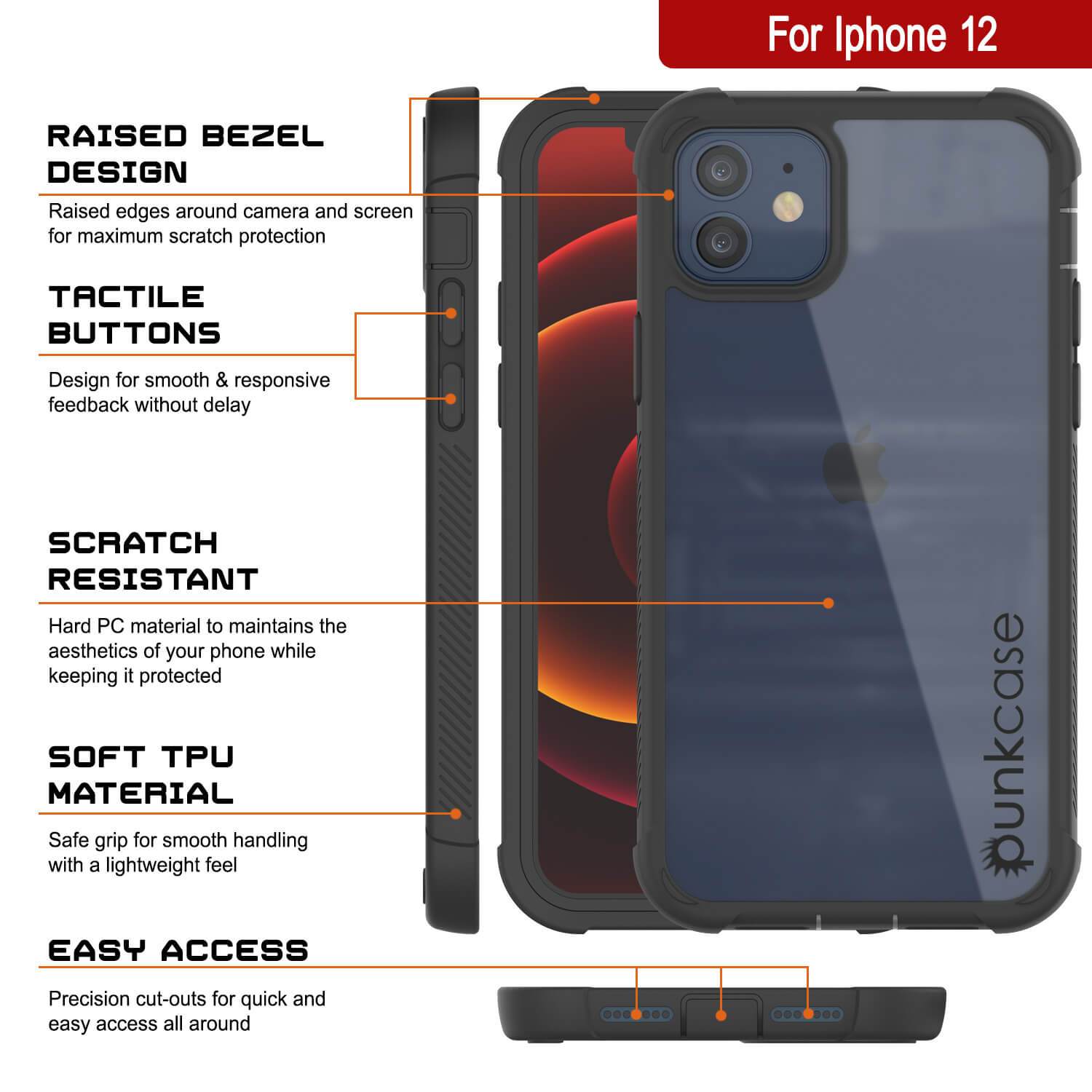 PunkCase iPhone 12 Mini Case, [Spartan Series] Clear Rugged Heavy Duty Cover W/Built in Screen Protector [Black]