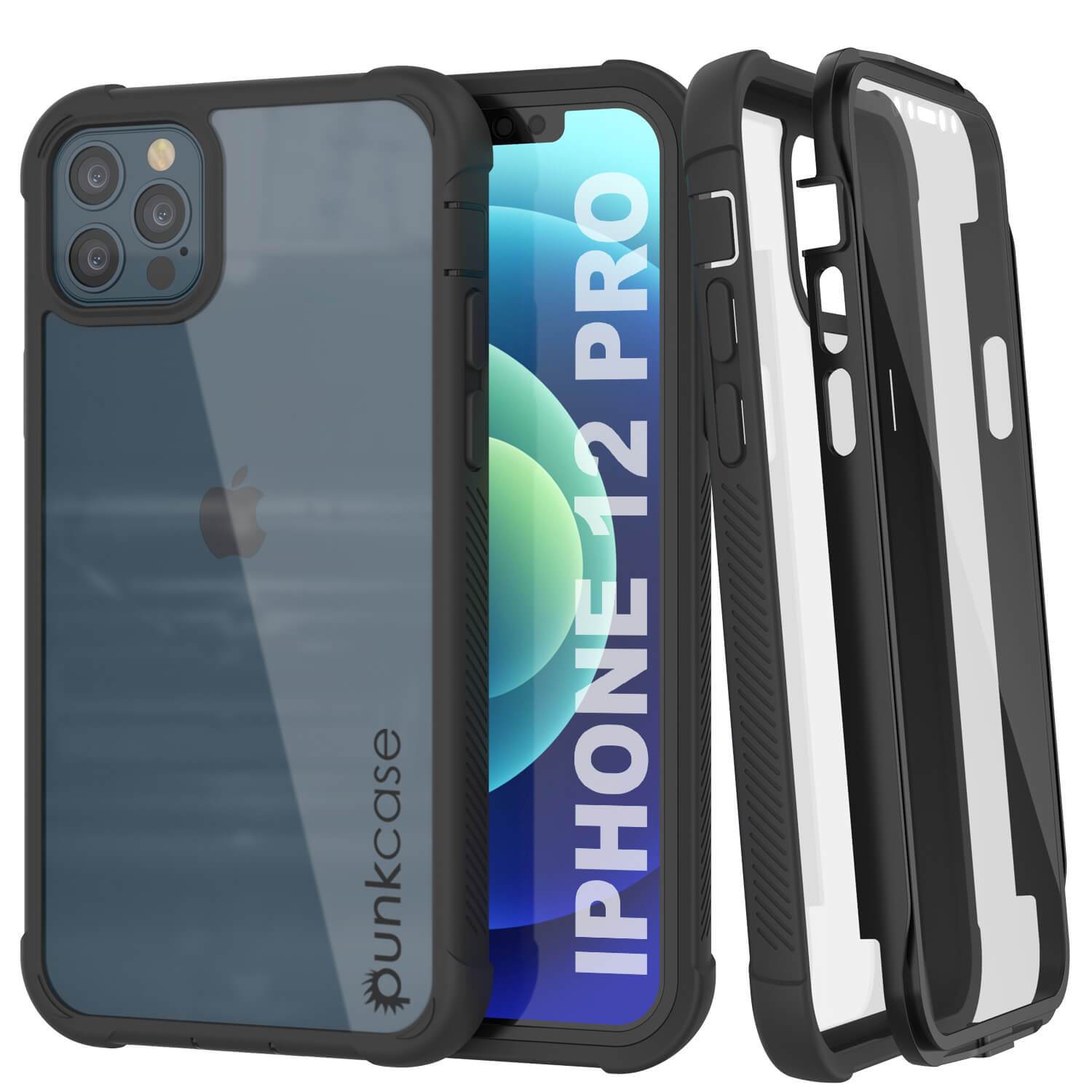 PunkCase iPhone 12 Pro Case, [Spartan Series] Clear Rugged Heavy Duty Cover W/Built in Screen Protector [Black]