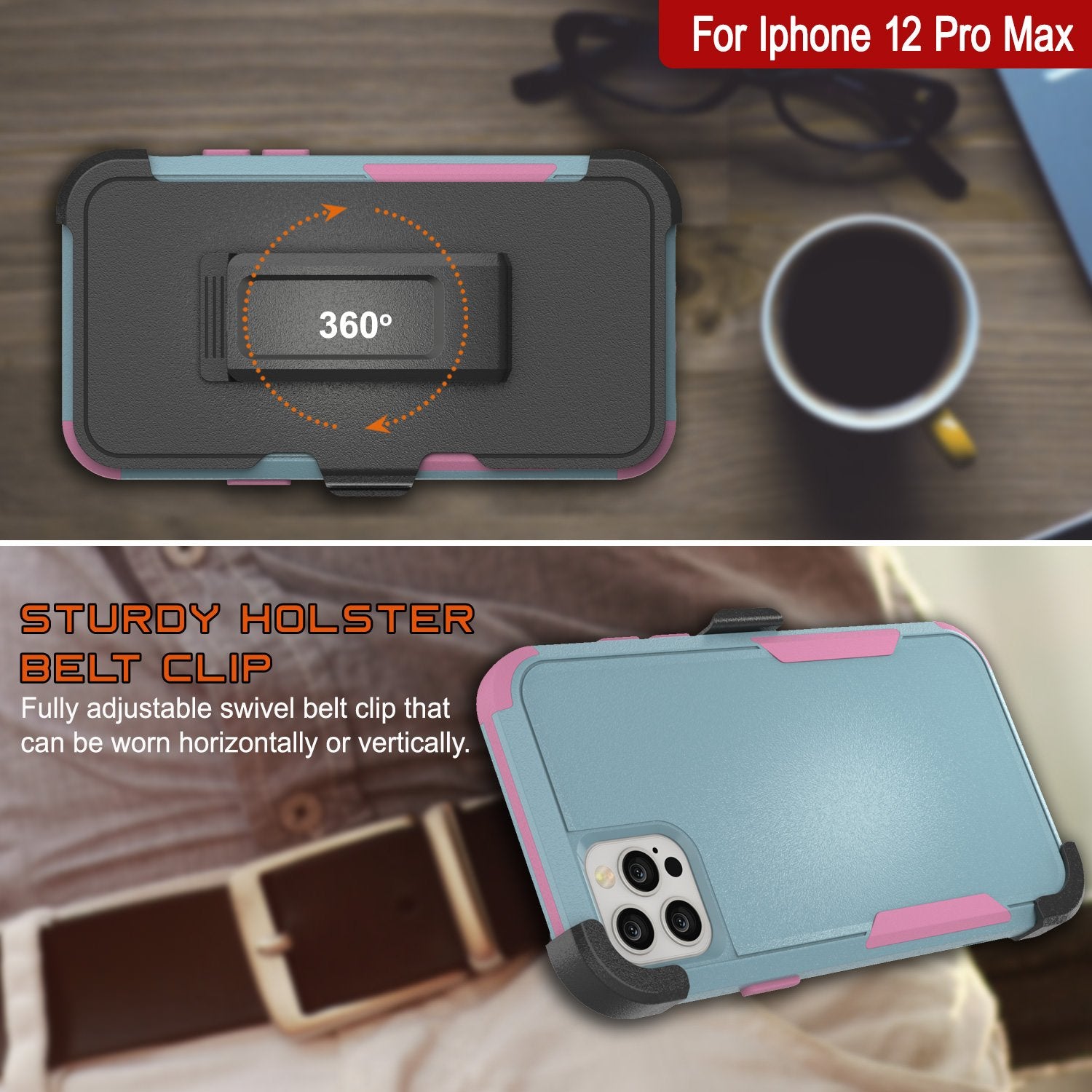 Punkcase for iPhone 12 Pro Max Belt Clip Multilayer Holster Case [Patron Series] [Mint-Pink]