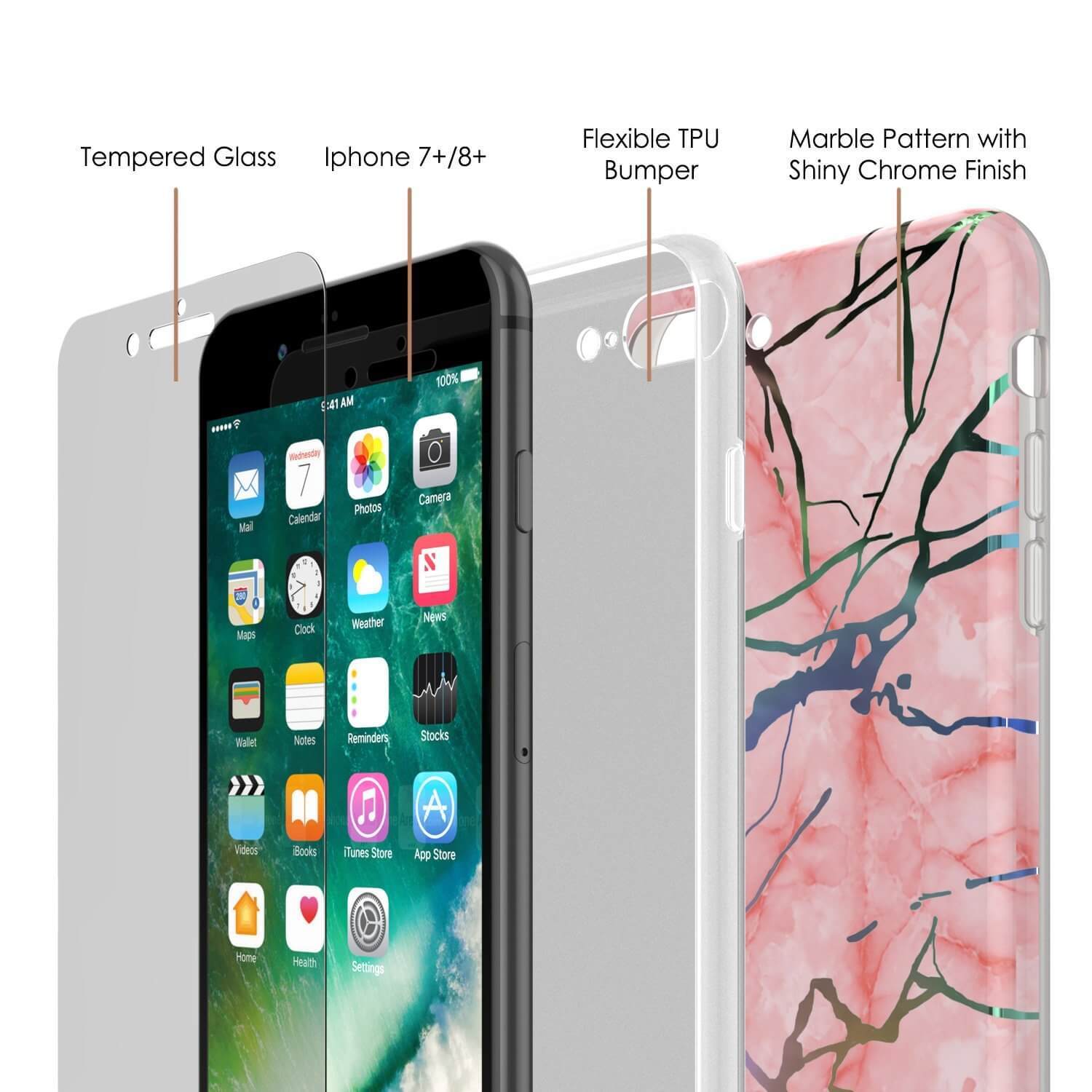 Punkcase iPhone 8+ / 7+ Plus Marble Case, Protective Full Body Cover W/9H Tempered Glass Screen Protector (Rose Mirage) - PunkCase NZ