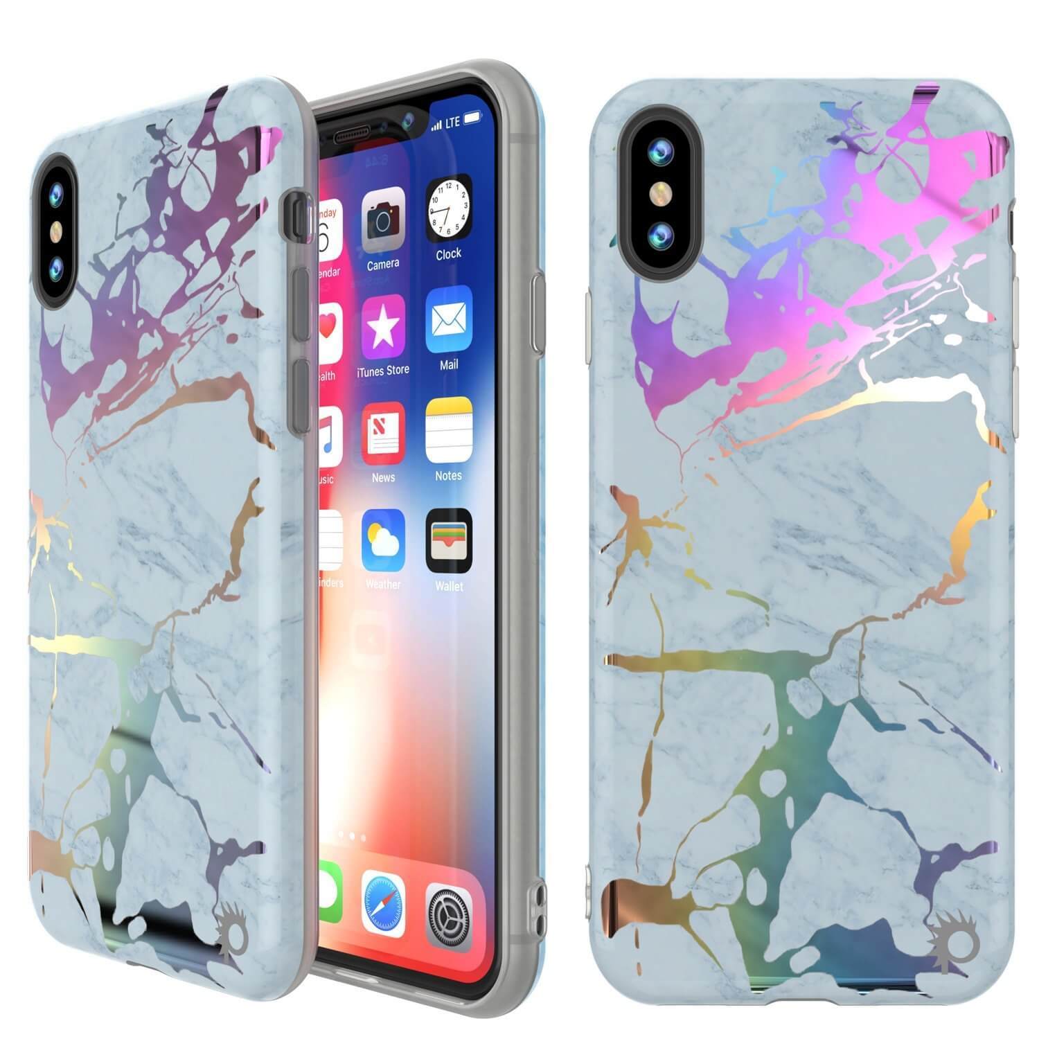 Punkcase iPhone X Marble Case, Protective Full Body Cover W/9H Tempered Glass Screen Protector (Blue Marmo)