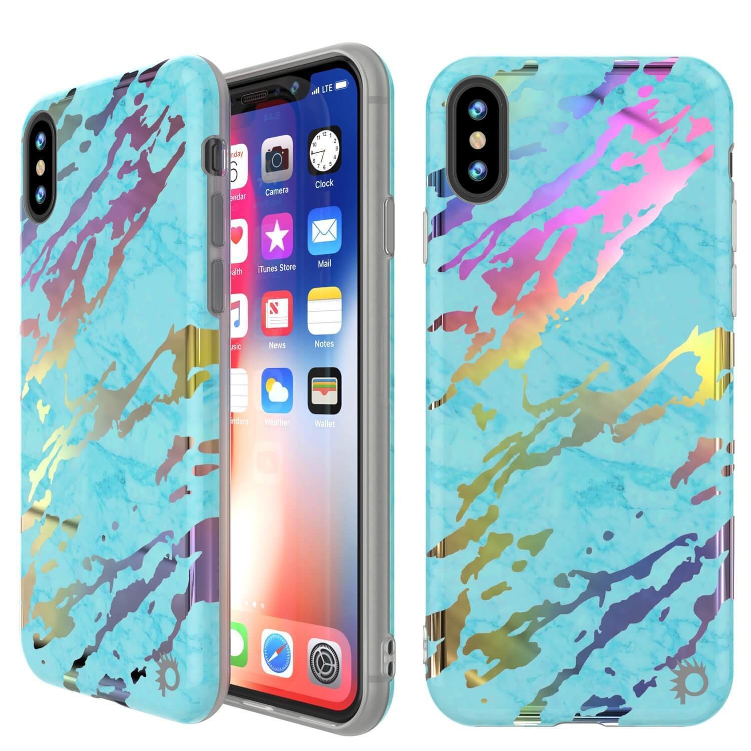 Punkcase iPhone X Marble Case, Protective Full Body Cover W/9H Tempered Glass Screen Protector (Teal Onyx)