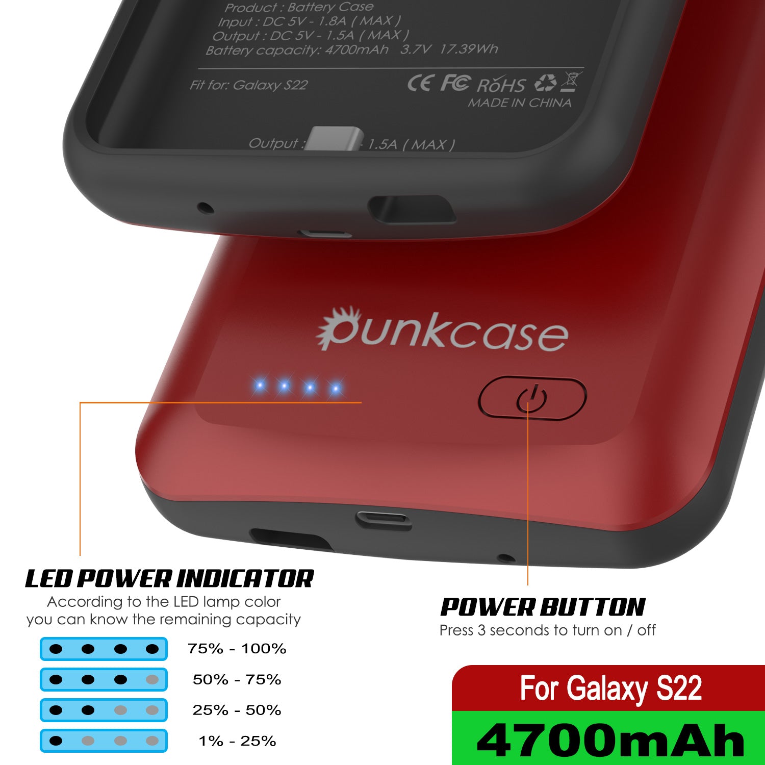 PunkJuice S22 Battery Case Red - Portable Charging Power Juice Bank with 4700mAh