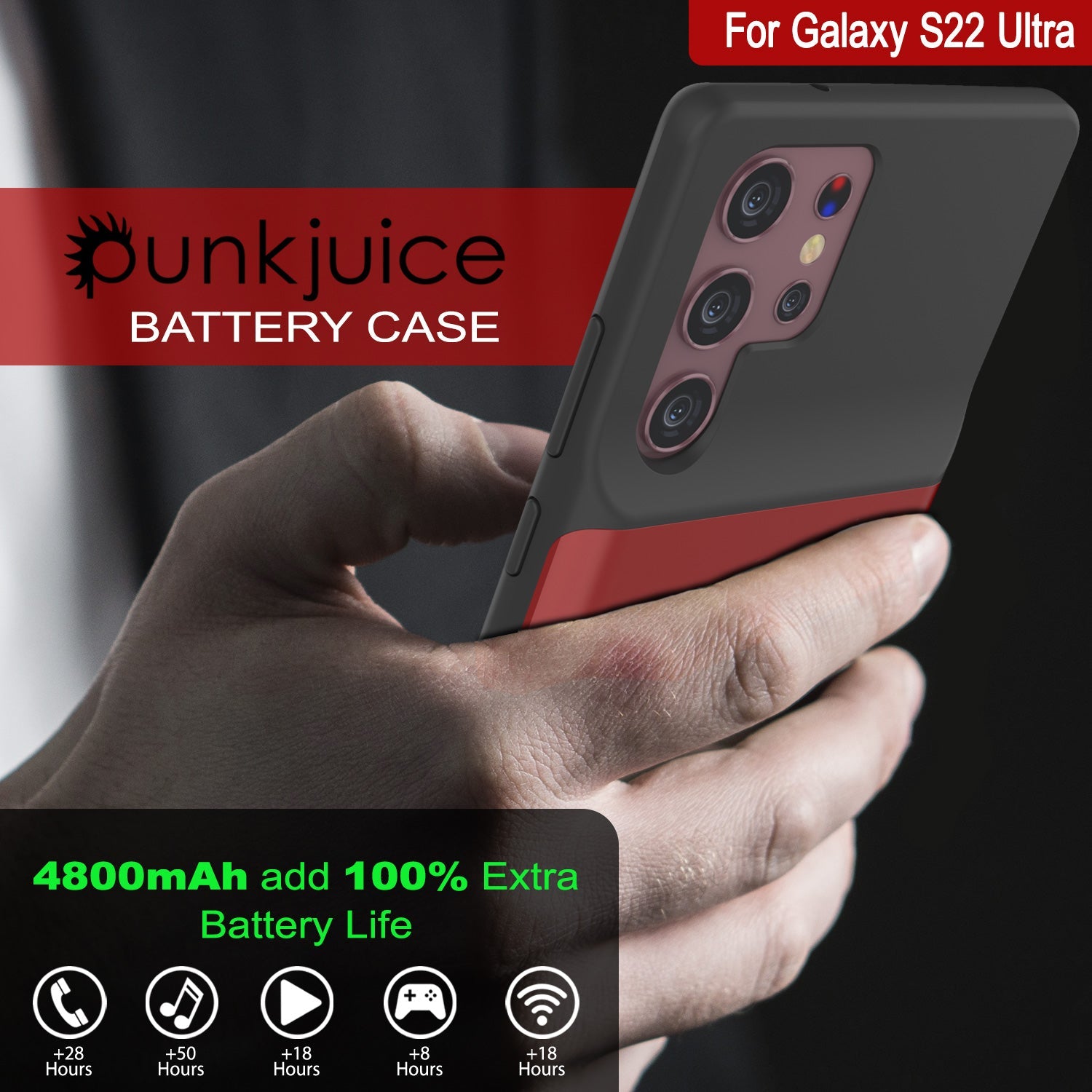 PunkJuice S22 Ultra Battery Case Red - Portable Charging Power Juice Bank with 4800mAh