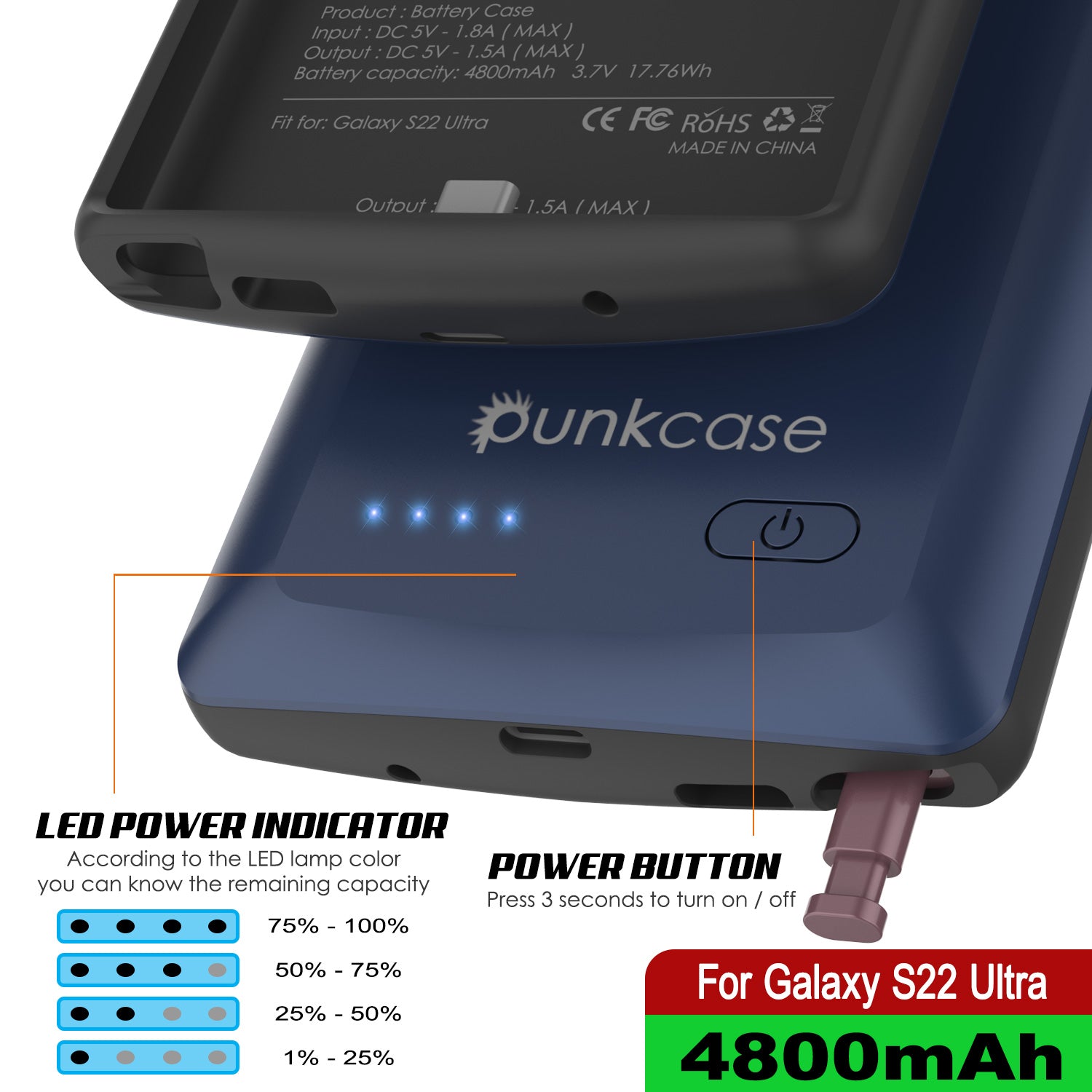 PunkJuice S22 Ultra Battery Case Blue - Portable Charging Power Juice Bank with 4800mAh