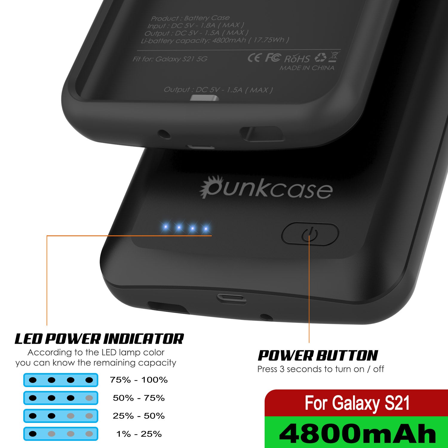 PunkJuice S21 Battery Case Black - Portable Charging Power Juice Bank with 4800mAh