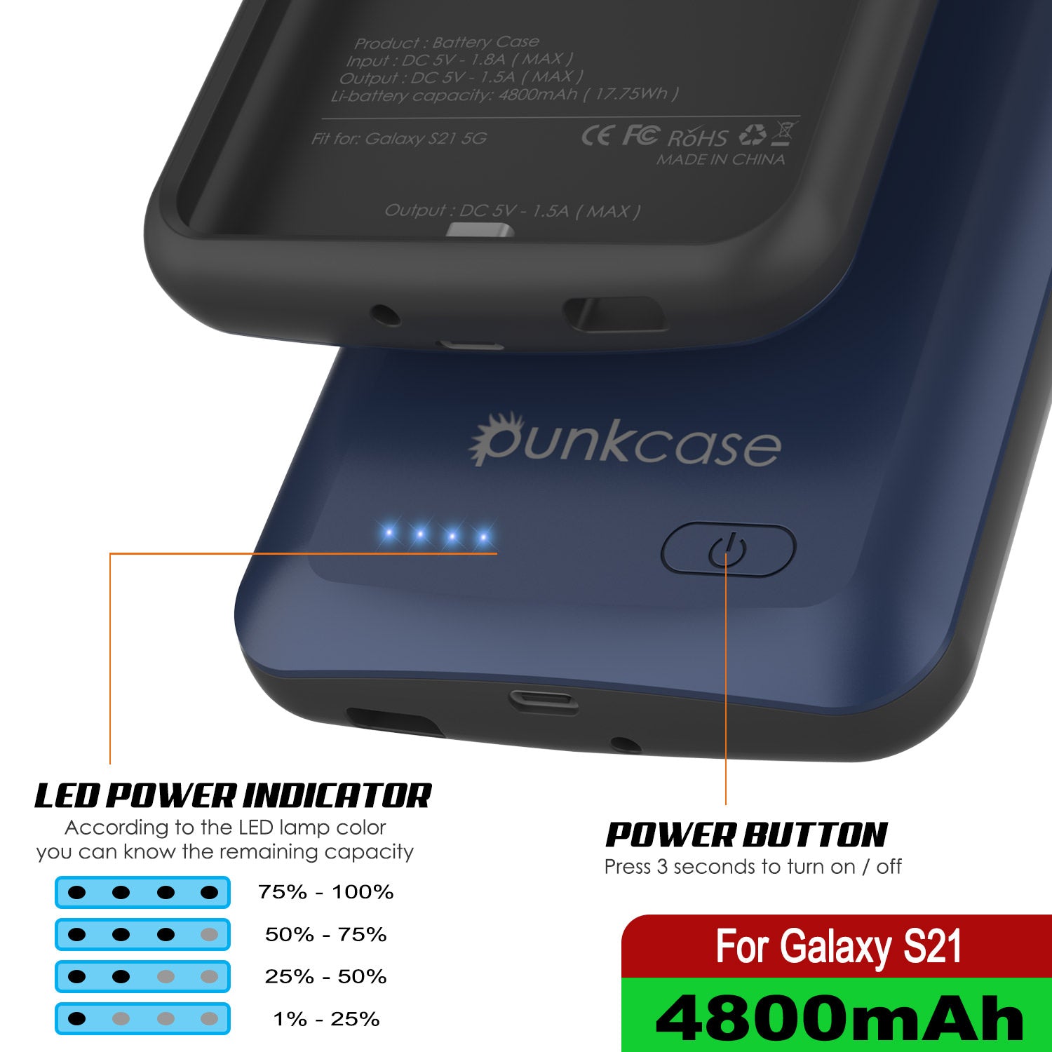 PunkJuice S21 Battery Case Blue - Portable Charging Power Juice Bank with 4800mAh
