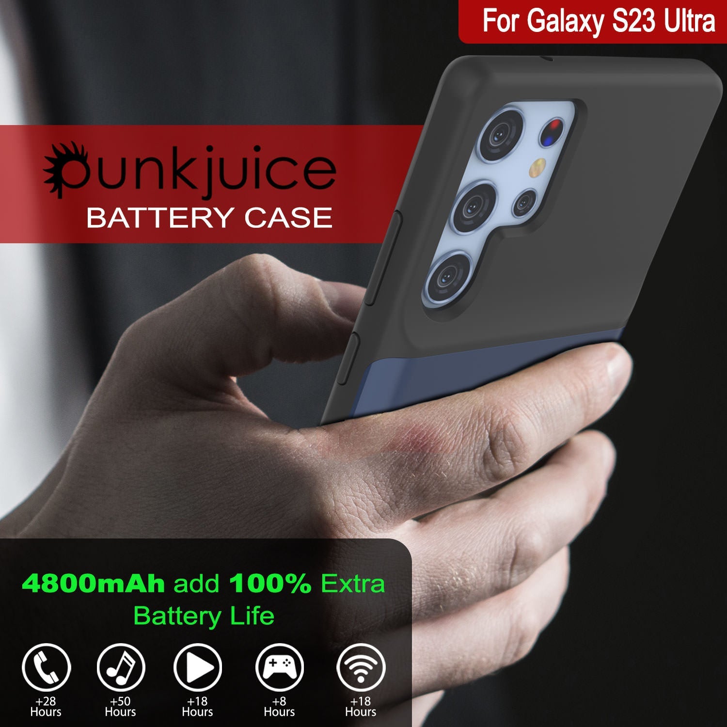 PunkJuice S23 Ultra Battery Case Blue - Portable Charging Power Juice Bank with 4800mAh