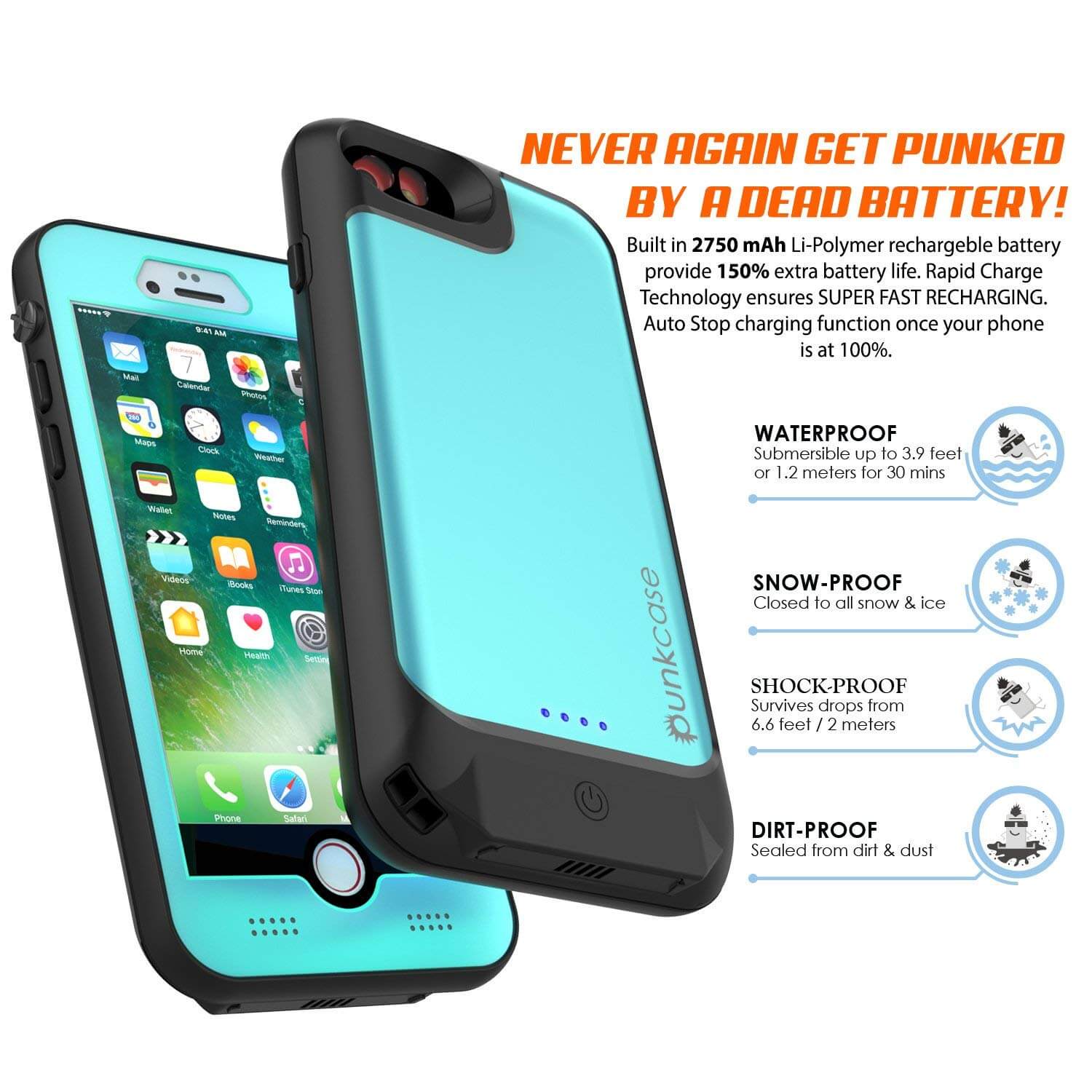 iPhone 6/6s Battery Case PunkJuice  - Waterproof Slim Portable Power Juice Bank with 2750mAh High Capacity (Teal) - PunkCase NZ