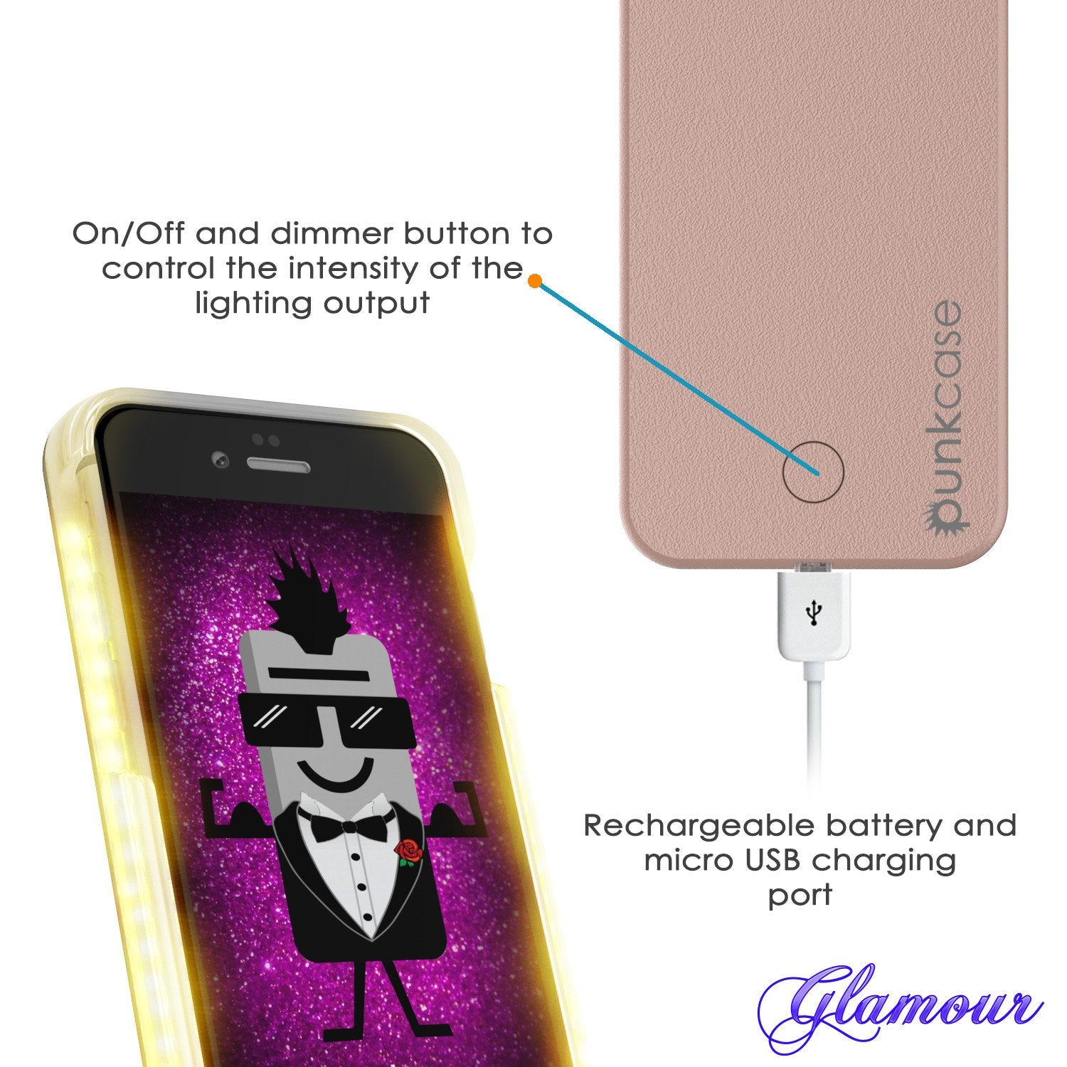 iPhone 6+/6S+ Plus Punkcase LED Light Case Light Illuminated Case, ROSE GOLD  W/  Battery Power Bank - PunkCase NZ